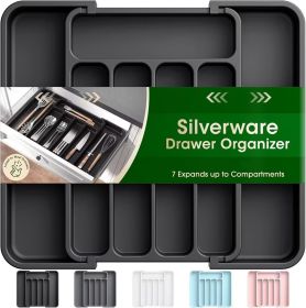 Silverware Drawer Organizer, Adjustable Utensil Cutlery Tray | Expandable Kitchen Organizer for Forks Knives, Multipurpose Kitchen Storage (Color: Black)